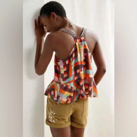 Anthropologie Pilcro Abstract patchwork print Peplum Tank M - Picture 2 of 10